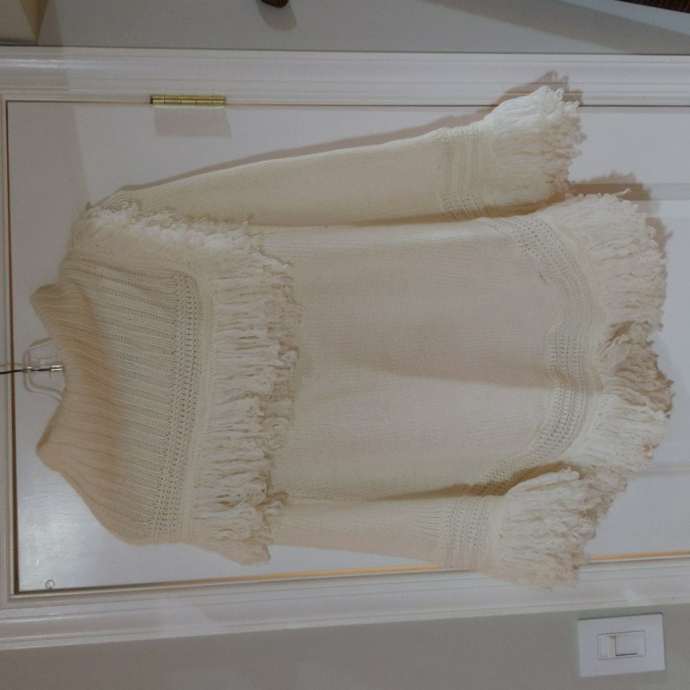 Woven Cream Poncho with Fringe